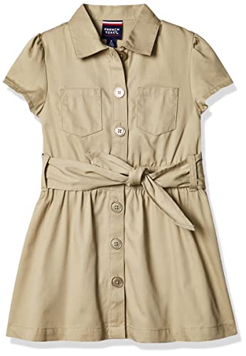 French Toast-Girls' Twill Safari Shirtdress, Khaki Beige, 10