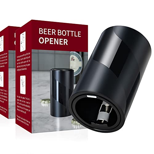 2 PACK Push Down-Pop Off Beer Bottle Opener with Magnetic Cap Catcher No Damage to Caps,Automatic Decapitator Beer/Soda Magnet Bottle Top Openers,One-Hand Easy/Funny Open,Cool Bartender Tools (Black)