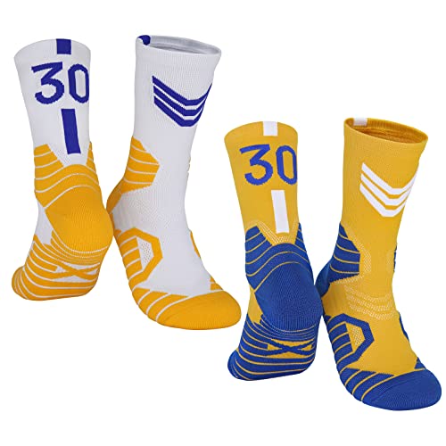 2 Pairs Stephen Children Basketball-Socks-for-Boys, #30 Lucky Number Sports-Socks Warrior Cury Socks with 3D Ankle Protection for Youth Boys, Kids Basketball Accessories Gift for Cury Fans (1.5-5.5)