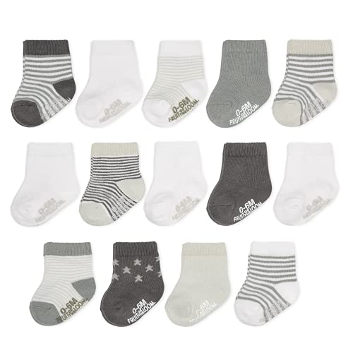 Fruit of the Loom Baby 14-Pack Grow & Fit Flex Zones Cotton Stretch Socks - Unisex, Girls, Boys (12-24 Months, Grey Stripe)