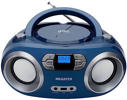 MEGATEK Portable CD Player Boombox with FM Radio, Bluetooth, and USB Port | Clear Stereo Sound | CD-R/RW and MP3 CDs Compatible | 3.5mm Aux Input and Headphone Jack | Backlit LCD Display - Blue Jay