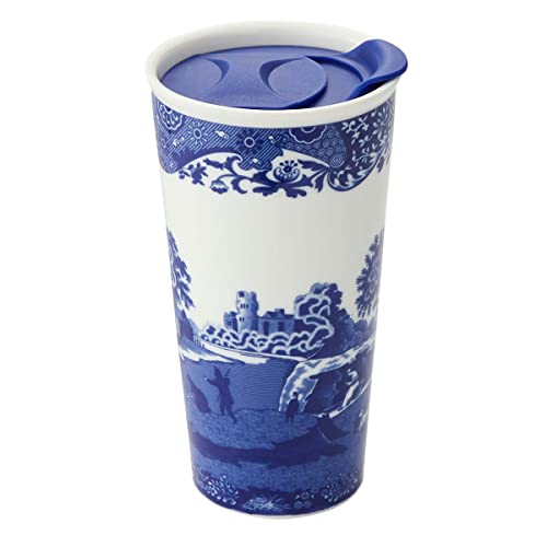 Spode Blue Italian Travel Mug | Made of Porcelain | Travel Tumbler for Coffee and Tea | Hot Water Cup | Dishwasher and Microwave Safe (12 oz)