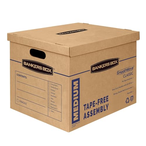 Bankers Box 8 Pack Medium Classic Moving Boxes, Tape-Free with Reinforced Handles