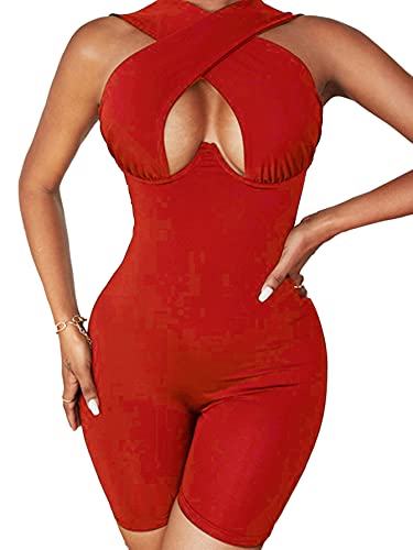 LYANER Women's Cut Out Crisscross Wrap Short Jumpsuit Bodysuit One Piece Catsuit Red Medium