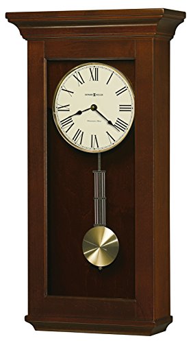 Howard Miller Continental Wall Clock 625-468 ? Cherry Bordeaux Finish, Circular Brushed Brass Pendulum Bob, Quartz Single-Chime Movement, Volume Control