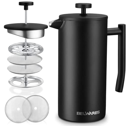 French Press Coffee Maker 50 Oz – Insulated Coffee Press Stainless Steel 304 Large – Double Wall & 4 Level Filtration System (1.5 Liter) – Black