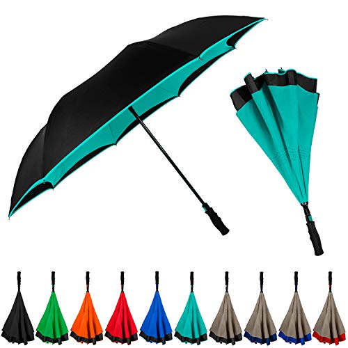 The Inversa Large 48' Inversa Self Standing Windproof Inverted Reversible Umbrella, Double Layer Canopy Lightweight Travel Umbrella For Women and Men, Portable Umbrella Reverse Close - Teal Blue
