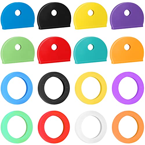 Vibit 16 Pack Colorful Plastic Key Cap Tags and Identifier Covers for Standard Flat House Keys (Not for Odd-Shaped Keys), 2 Styles