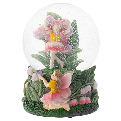Elanze Designs Bell Flower Fairy Friends 100MM Sturdy Wind Up Musical Glitter Water Snow Globe Tabletop Dresser Nightstand Figurine Decoration Plays Tune You are My Sunshine