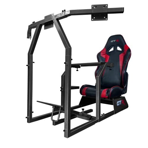 GTR Simulator GTA-F Model Black Frame Triple | Single Monitor Stand with Black Red Adjustable Leatherette Seat Racing Driving Gaming Simulator Cockpit Chair