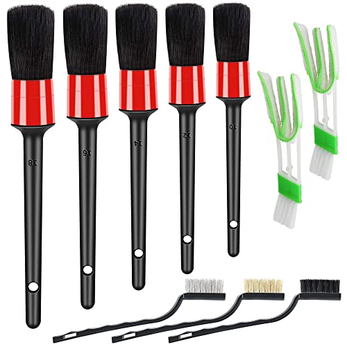 HMPLL 10pcs Auto Car Detailing Brush Set Car Interior Cleaning Kit Includes 5 Boar Hair Detail Brush,3 Wire Brush, 2 Air Vent Brush for Cleaning Car Interior Exterior, Dashboard Engines Leather Wheel