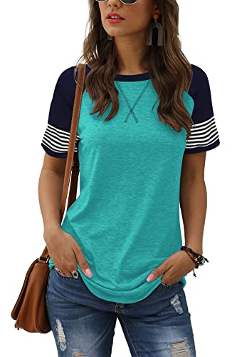 Adibosy Women Summer Casual Shirts: Short Sleeve Striped Tunic Tops - Womens Color Block Tee Tshirt Blouses Light Blue M