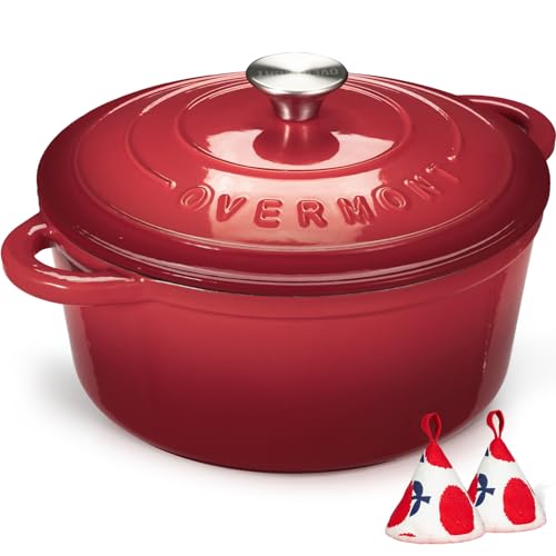 Overmont Enameled Cast Iron Dutch Oven - 5.5QT Pot with Lid Cookbook & Cotton Potholders - Heavy-Duty Cookware for Braising, Stews, Roasting, Bread Baking red