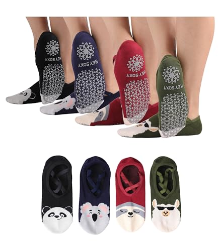 Live Happy Be Healthy Yoga Socks for Women Barre Sock Grip Non-Slip No-Skid Pilates Hospital Maternity (4 Pairs Panda koala bear, Sloth, Llama)