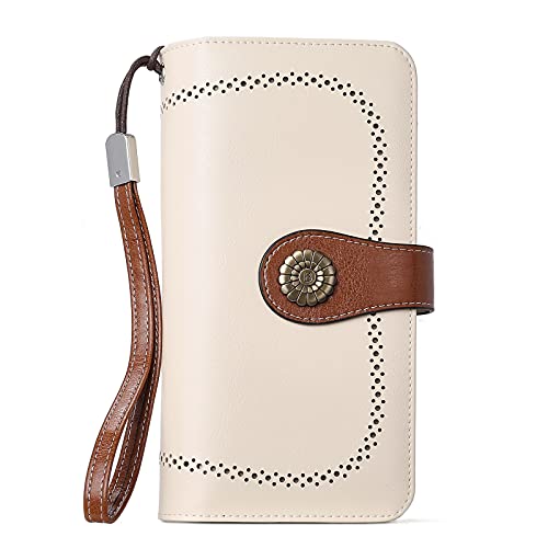 BOSTANTEN Womens Wallet Genuine Leather Large Capacity Wristlet Clutch Purse Credit Card Holder with RFID Blocking Beige-Brown