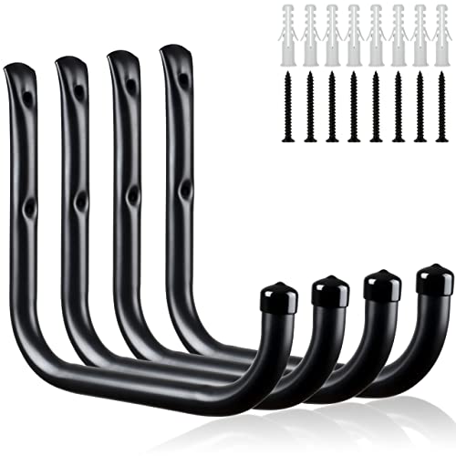 KURUI Ladder Hooks for Garage Wall, 4 Pack Large Garage Storage Hanger for Bike Extension Cord Tool Cable, Wall Mount l Utility Hooks, Black Heavy Duty 8 inch Long Hooks