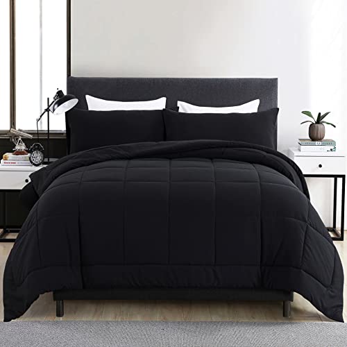 DOWNCOOL Queen Comforter Set -All Season Queen Bed Set with 2 Pillow Cases-3 Pieces Bedding Sets Queen -Down Alternative Black Comforters Queen Size(88'x90')
