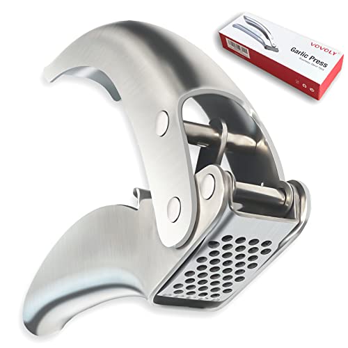 VOVOLY Premium Garlic Press Stainless Steel, No need to Peel Garlic Presser, Heavy Duty Professional Grade Double Lever-Assisted Garlic Mincer with High Capacity Chamber- Easier Clean Garlic Crusher