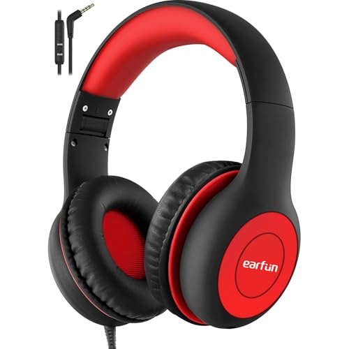 EarFun Kids Headphones Wired with Microphone, 85/94dB Volume Limit Headphones for Kids, Portable Wired Headphones with Shareport, Stereo Sound Foldable Headset for School/Tablet/PC/Kindle, Black Red