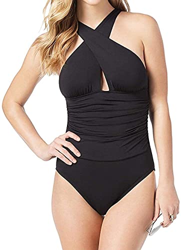 Michael Michael Kors Womens High Neck Shirred One-Piece Swimsuit Black 12