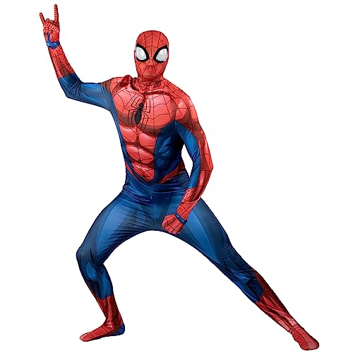 Jazwares Marvel Spider-Man Official Adult Deluxe Zentai Suit - Spandex Jumpsuit with Printed Design and Detachable Spandex Mask with Plastic Eyes, Multi, Medium