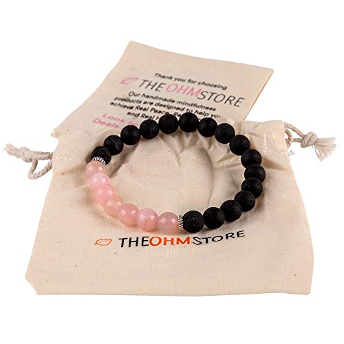 Ohm Store Lava Stone and Rose Quartz Bracelet for Women — Diffuser Bracelet for Essential Oils — Handmade Energy Bracelet for Meditation, Stress Relief and Mantra Bead Recitation