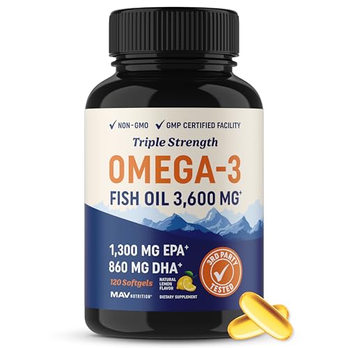 Triple Strength Omega 3 Fish Oil | 3600 mg EPA & DHA | Over 2100mg of Omega 3 Fatty Acids | 1300mg EPA + 860mg DHA | Best Essential Fatty Acids | Premium Burpless Softgel Supplements (120 Ct)