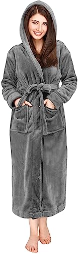 NY Threads Womens Fleece Hooded Bathrobe Plush Long Robe, X-Large, Steel Grey
