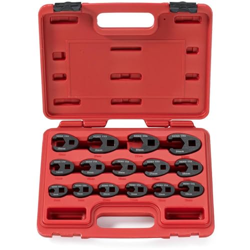Neiko 03324A Crowfoot Wrench Set 1/2' and 3/8” Drive, 15 Piece, Metric Crows Foot Wrench Sizes 8mm-24mm, Chrome-Moly Flare Nut Wrench Set