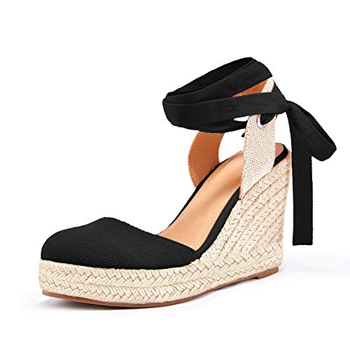 FISACE Womens Summer Lace Up Espadrilles Wedge Sandals Closed Toe Ankle Strap Platform Shoes