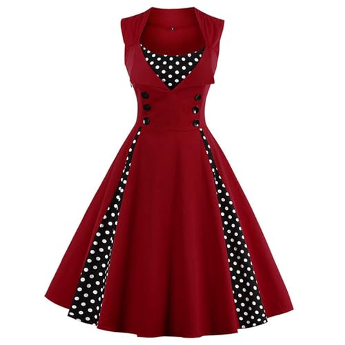 KILLREAL Women's Vintage Polka Dot Print A-Line Sleeveless Cocktail Party Casual Dress Wine Red XX-Large