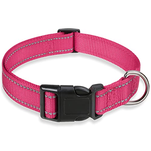 Reflective Dog Collar with Buckle Adjustable Safety Nylon Collars for Small Medium Large Dogs, Pink M