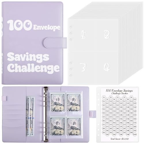 Zuozee 100 Envelopes Money Saving Challenge Binder, A5 Money Saving Budget Binder with Cash Envelopes, Savings Challenges Book for Planning and Saving $5050, Light Purple
