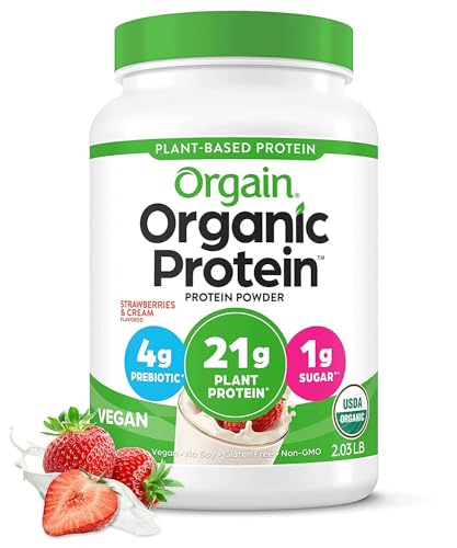 Orgain Organic Vegan Protein Powder, Strawberries and Cream - 21g Plant Based Protein, Gluten Free, Dairy Free, Lactose Free, Soy Free, No Sugar Added, Kosher, For Smoothies & Shakes - 2.03lb