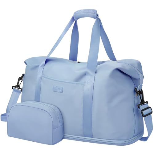 Expandable Travel Duffle Bag, Large Weekender Overnight Bags for Women Men 20.5 Inch Waterproof Carry on Shoulder Tote Bags for Hospital Maternity Mommy Gym with Toiletry Bag Light Blue