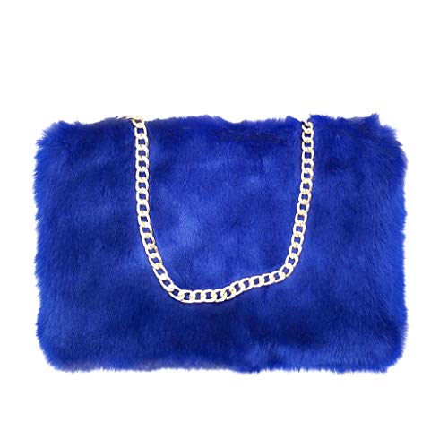 FHQHTH Faux Rabbit Fur Purse Fuzzy Handbags for Women Evening Handbags Al alloy Shoulder Strap [Rabbit Royal Blue]