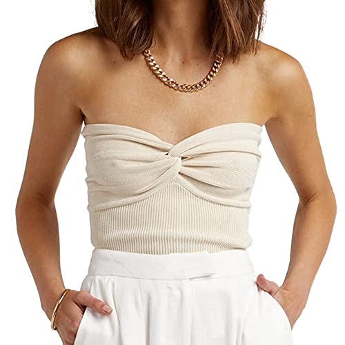 ISZPLUSH Women's Strapless Sweetheart Neck Y2K Crop Top - Slim Fit, Ribbed Knit, Knot Front, Sleeveless, Beige (Small)