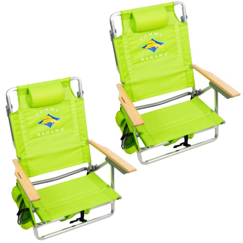 Tommy Bahama Set of 2 5-Position Classic Lay Flat Backpack Beach Chairs with Cooler, Storage Pouch and Towel Bar, Green