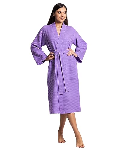 Chakir Turkish Linens | Lightweight Waffle Knit Kimono Bathrobe for Women | Quick Dry, Soft, and Absorbent (Lavender, Medium)