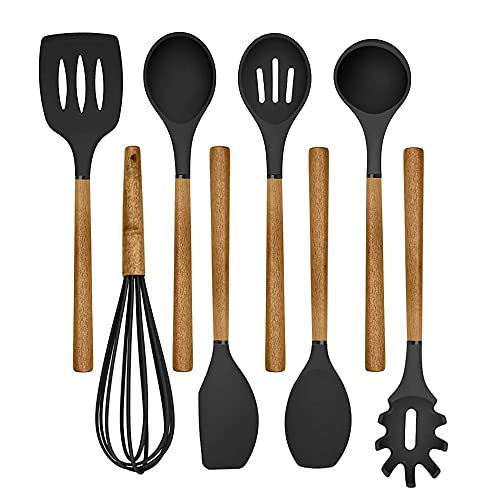 Country Kitchen Silicone Cooking Utensils, 8 Pc Kitchen Utensil Set, Easy to Clean Wooden Kitchen Utensils, Cooking Utensils for Nonstick Cookware, Kitchen Gadgets and Spatula Set - Black