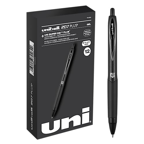 uniball 207 Plus+ Retractable Gel Pens 12 Pack in Black with 0.7mm Medium Point Pen Tips - Uni-Super Ink+ is Smooth, Vibrant, and Protects Against Water, Fading, and Fraud