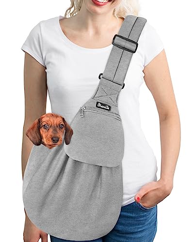 SlowTon Dog Carriers for Small Dogs - Thick Padded Adjustable Shoulder Strap Dog Sling Carrier, Puppy Purse for Pet Cat with Front Zipper Pocket Safety Belt Machine Washable (Grey Knitted Fabric, L)
