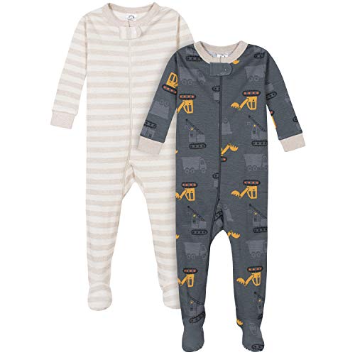 Gerber Baby Boys' 2-Pack Footed Pajamas, Dump Truck Grey, 2T