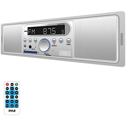 Pyle Marine Bluetooth Stereo Radio - 12v Single DIN Style Digital Boat In dash Radio Receiver System with Built-in Mic and Speakers, RCA, MP3, USB, SD, AM FM Radio - Remote Control - PLMR7BTW (White)