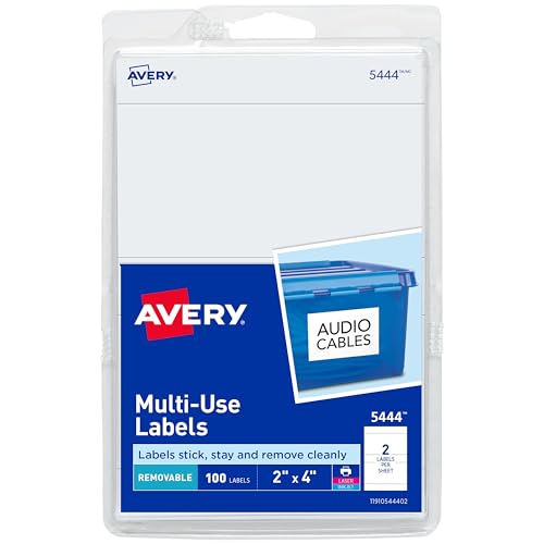 Avery Printable All-Purpose Removable Labels, 2' x 4', White Labels, Write or Print, Great for Organization Projects, 100 Customizable Blank Labels (5444)