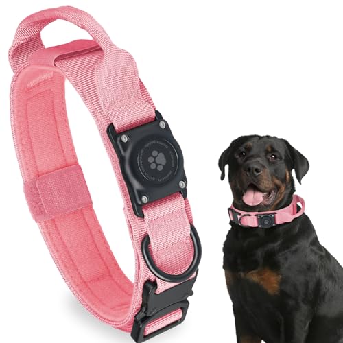 Tactical AirTag Dog Collar, 100% Waterproof Integrated Apple Air Tag Dog Collars with Hard PC AirTag Holder, Adjustable Military Collar with Handle, GPS Dog Collar for Medium Large Dogs
