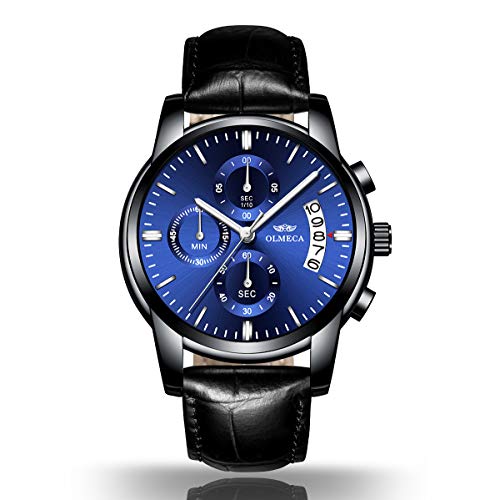 OLMECA Men's Watches Luxury Sports Casual Quartz Wristwatches Waterproof Chronograph Calendar Date Leather Band Blue Color 826 (Black Blue)