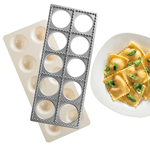 Ravioli Mold with Extra Large 2 1/2 Inch Squares- Authentic Ravioli Tray and Press, Makes 10 Italian Raviolis at a Time, Easy to Use Pasta Maker Kit, Sturdy Construction and Great Gift
