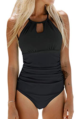 CUPSHE Women's One Piece Swimsuit Tummy Control Cutout High Neck Bathing Suit, L Black