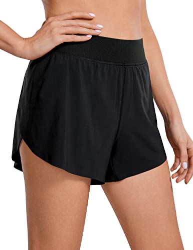 CRZ YOGA Mid Waisted Dolphin Athletic Shorts for Women Lightweight High Split Gym Workout Shorts with Liner Quick Dry Black Medium